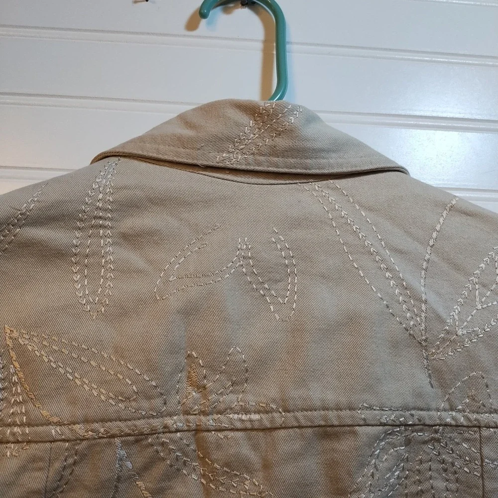 Studio Works Tan Cotton Embroidered Leaf Trucker‎ Jacket Beige Womens 8 Cottage